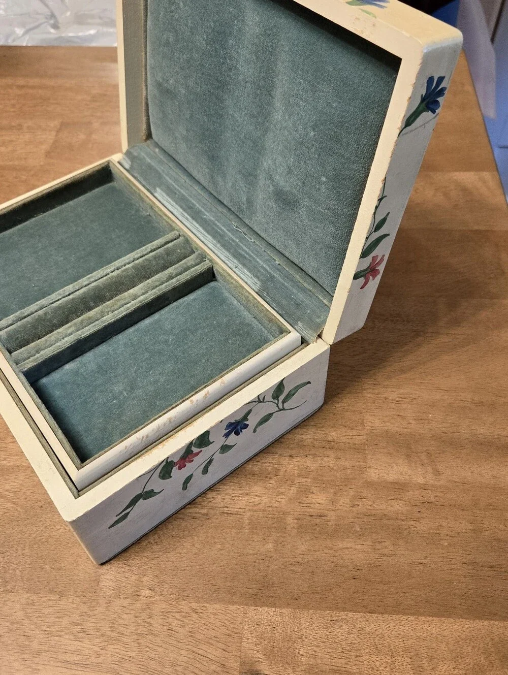 Vintage Hand-Painted Floral Wooden Jewelry Box Velvet Lined